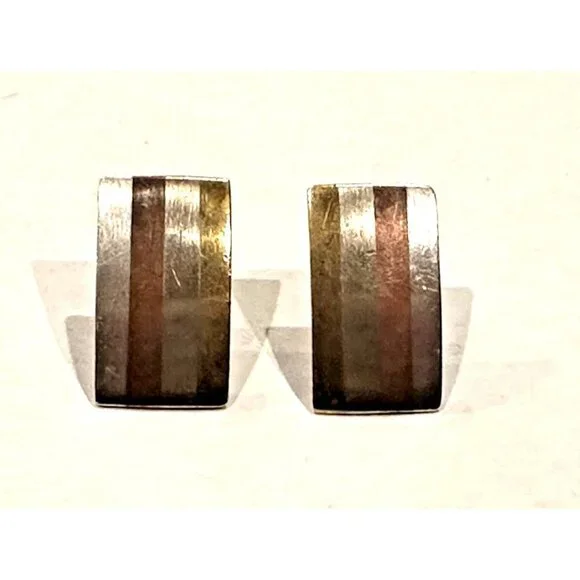 METALES CASADOS TAXCO 925 SILVER COPPER BRONZE BRUTALIST EARRINGS SCREWBACK MCM - Picture 2 of 7